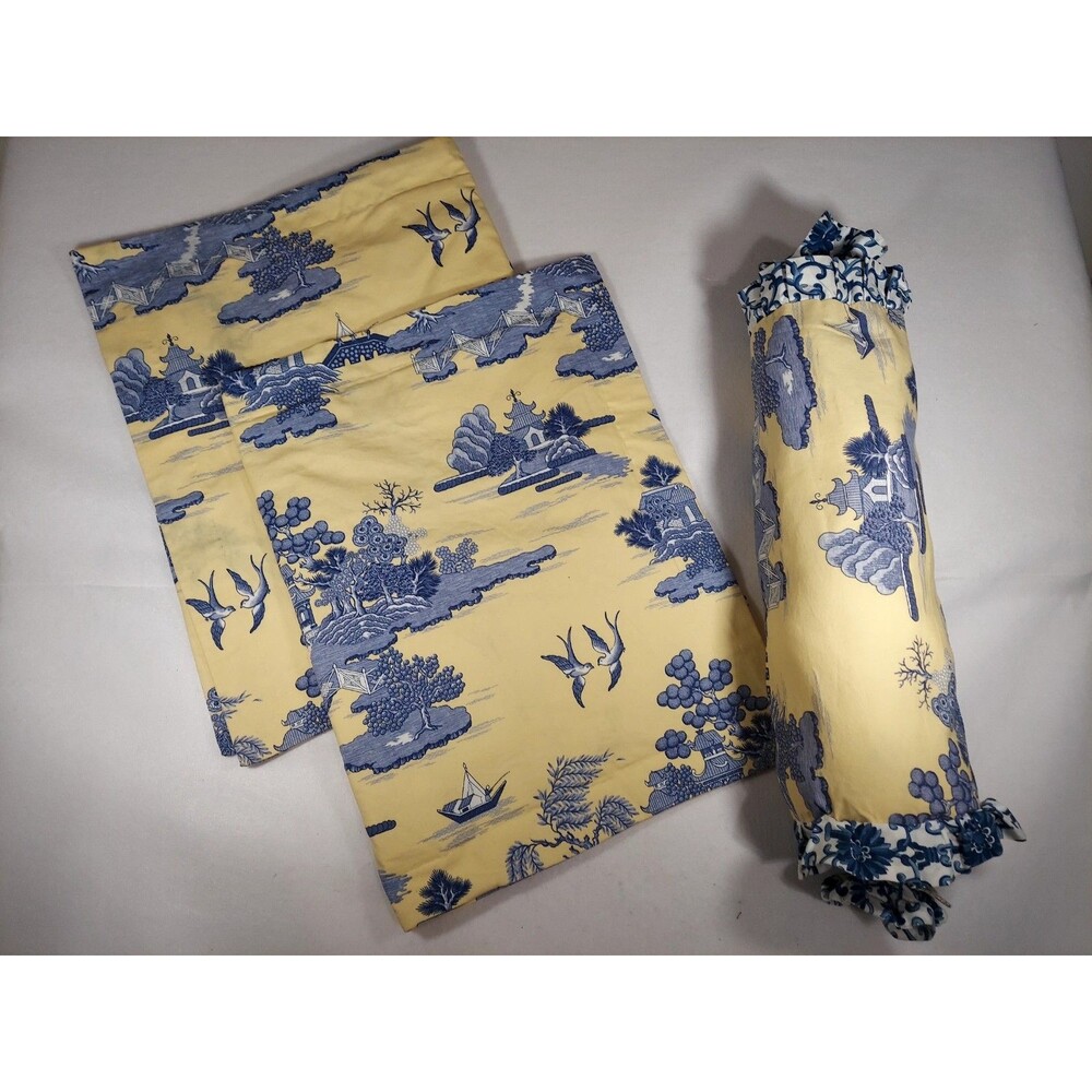 Yellow and Blue Chinoiserie Pillow Shams & Bolster Pillow Set of 3 Handmade